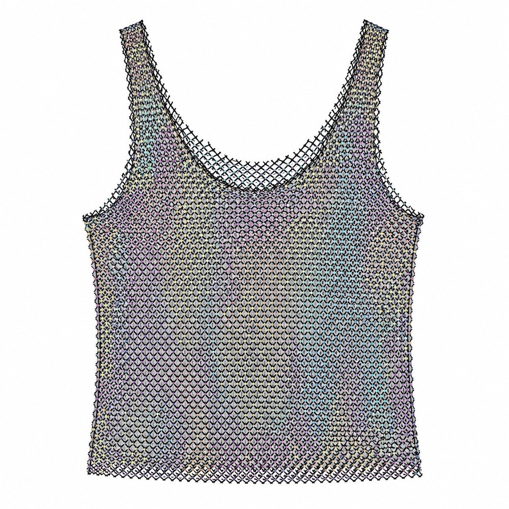 F21 Rainbow Rhinestone Black Mesh Tank‎ Women S Festival Rave Fairy Iridescent
